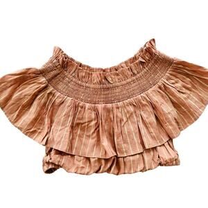 Shona Joy Crop Top Off Shoulder Size 8 Ruffle Smocked Tan Gold Stripe